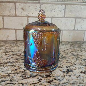 Gold Iridescent Carnival Glass Canister Jar Harvest Grape Indiana Glass Vintage